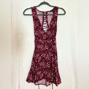 Floral Deep V Lace Up Back Burgundy Dress